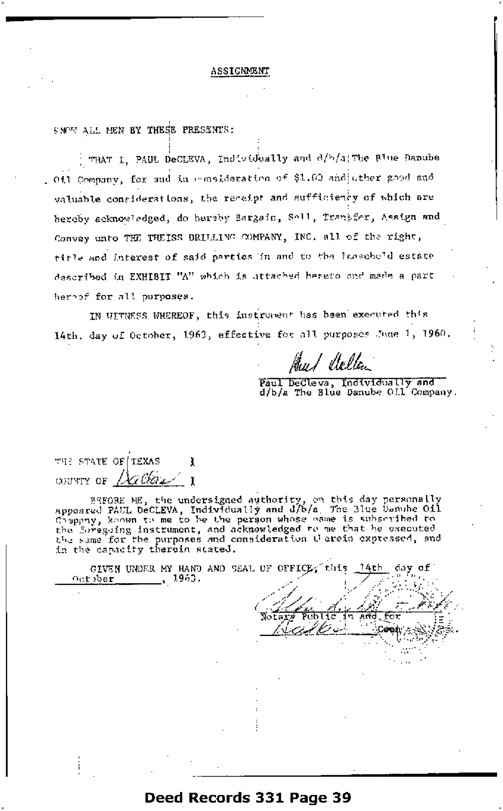 Blue Danube Oil Co - Recorded Dr Vol: 331 Pg: 39; Assignment (Doc #DOCC1964-82-331823)